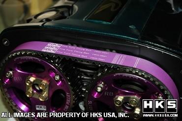 HKS Fine Tune Timing Belt installed on a Toyota engine, showcasing durability and performance features.