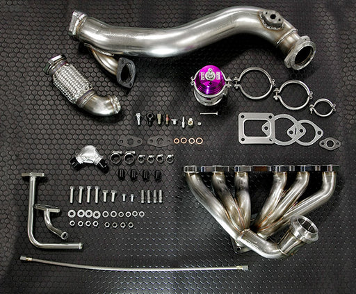 HKS Single Turbo Setup Kit components including GTIII-4R turbo, exhaust manifold, and various fittings for Toyota Supra JZA80.