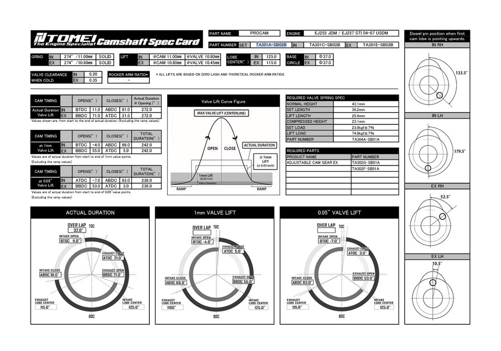 Tomei VALC Camshaft Procam IN/EX Set 272-11.00/10.80mm Lift For Subaru EJ25 Single AVCS