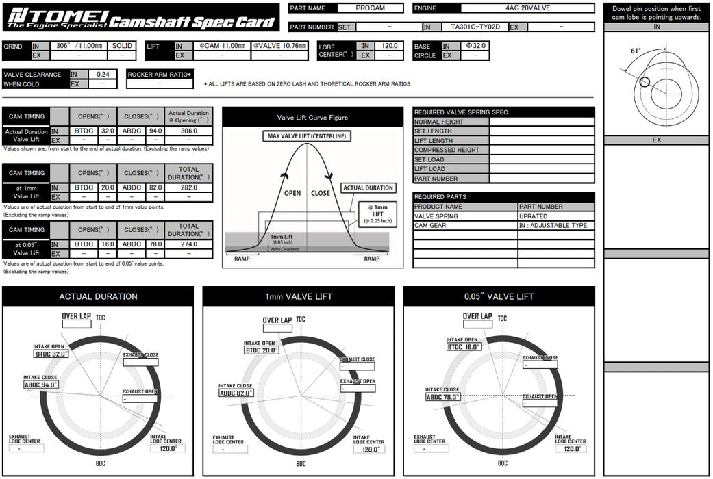 Tomei VALC Camshaft Procam Intake 306-11.00mm Lift For Toyota 4AG(Z) 16 Valve