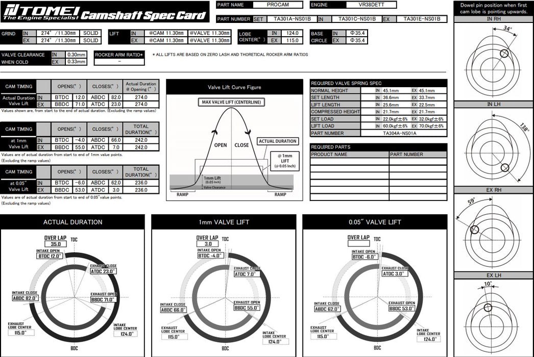 Tomei VALC Camshaft Procam IN/EX Set 274-11.30mm Lift For Nissan GTR R35 VR38DETT
