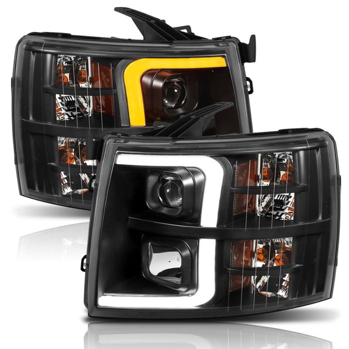 ANZO 07-13 Chevrolet Silverado 1500 Plank Style Projector Headlights Black w/ AmberANZO