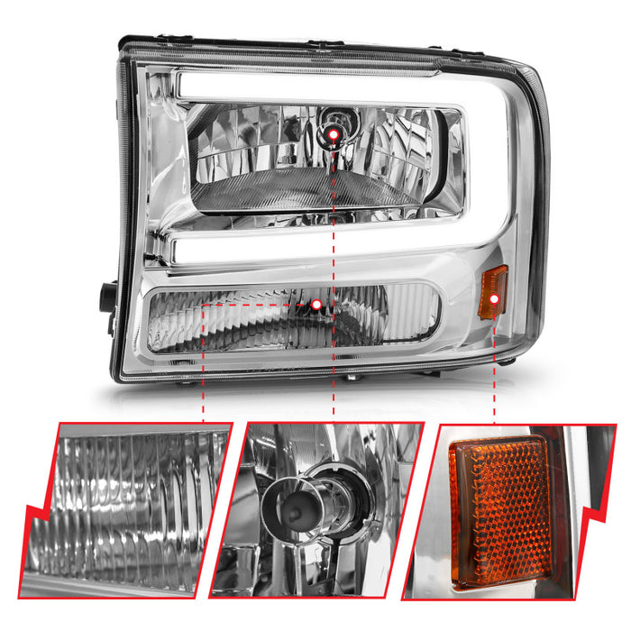 ANZO 99-04 Ford F250/F350/F450/Excursion (excl. 99) Crystal Headlights - w/ Light Bar Chrome HousingANZO