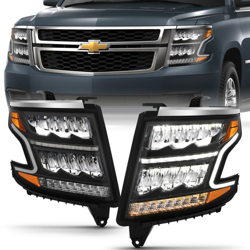 ANZO 15-20 Chevy Tahoe/Suburban LED Light Bar Style Headlights Black w/Sequential w/DRL w/AmberANZO