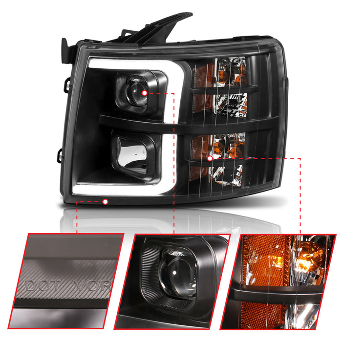 ANZO 07-13 Chevrolet Silverado 1500 Plank Style Projector Headlights Black w/ AmberANZO