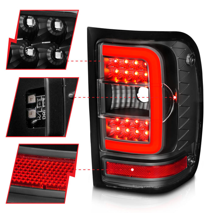 ANZO 2001-2011 Ford Ranger LED Tail Lights w/ Light Bar Black Housing Clear LensANZO