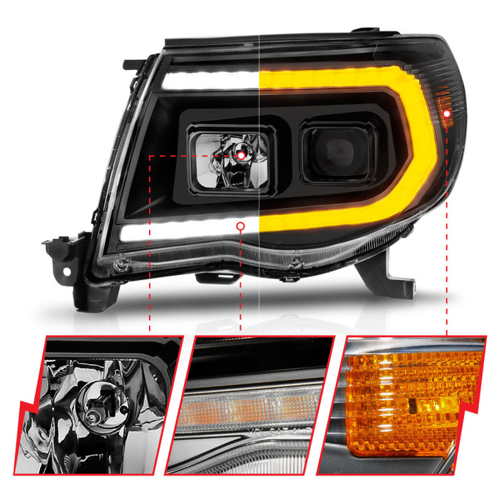 ANZO 05-11 Toyota Tacoma Projector Headlights w/Light Bar Switchback Black HousingANZO