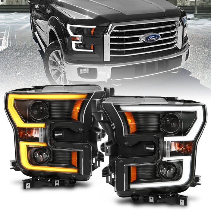 ANZO 2015-2017 Ford F-150 Projector Headlights w/ Plank Style Switchback Black w/ AmberANZO