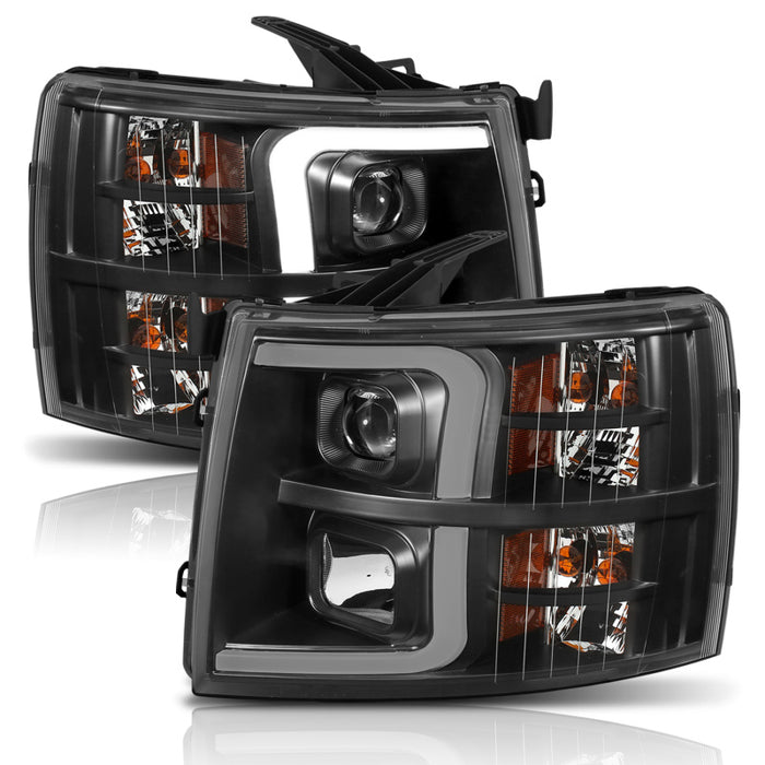 ANZO 07-13 Chevrolet Silverado 1500 Plank Style Projector Headlights Black w/ AmberANZO