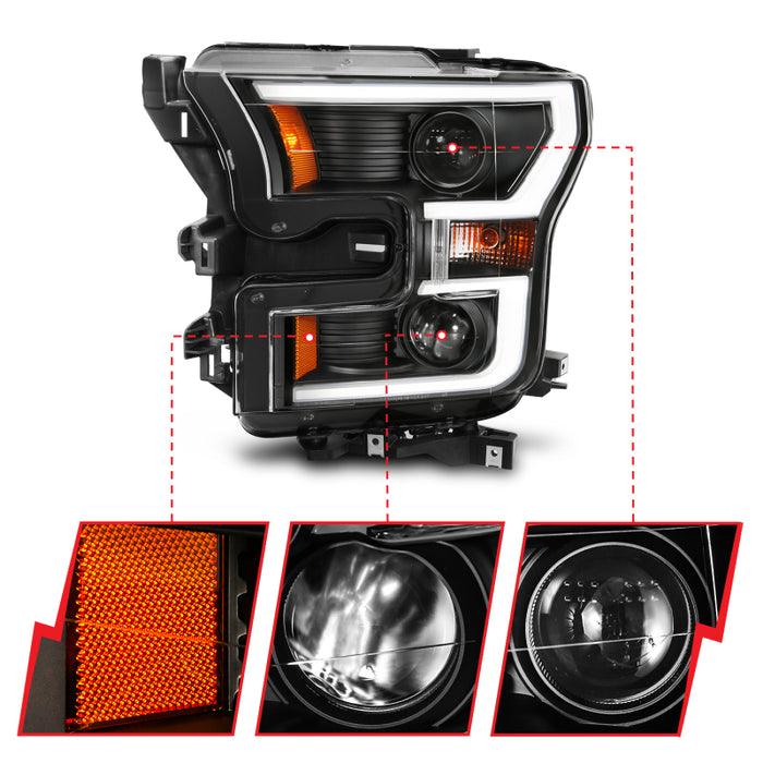 ANZO 2015-2017 Ford F-150 Projector Headlights w/ Plank Style Switchback Black w/ AmberANZO