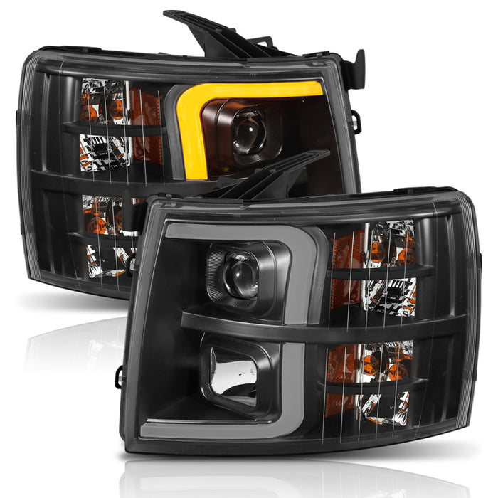 ANZO 07-13 Chevrolet Silverado 1500 Plank Style Projector Headlights Black w/ AmberANZO