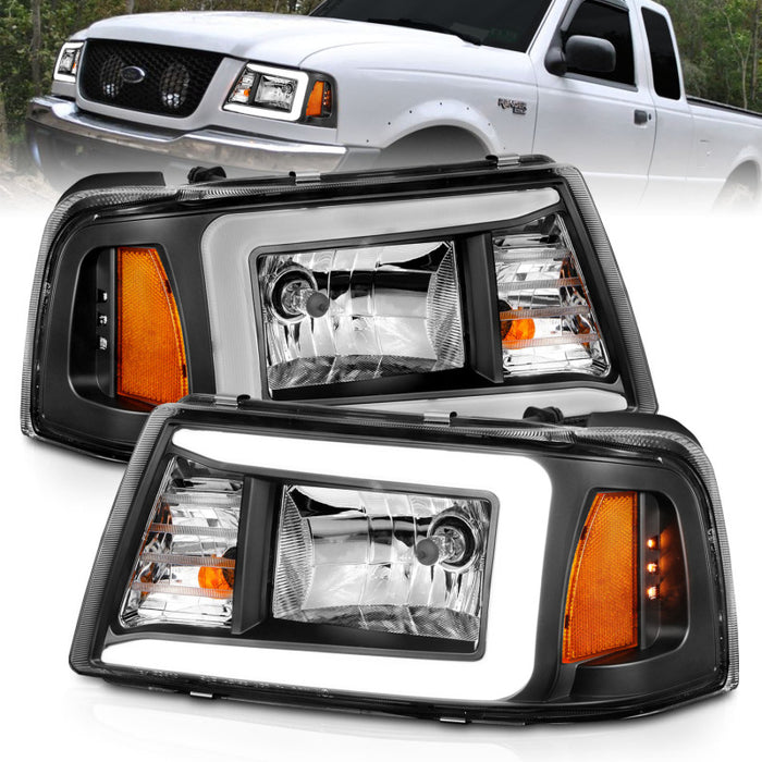 ANZO 2001-2011 Ford Ranger Crystal Headlights w/ Light Bar Black HousingANZO