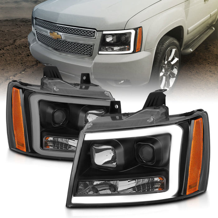 ANZO 07-14 Chevy Tahoe Projector Headlights w/ Plank Style Design Black w/ AmberANZO