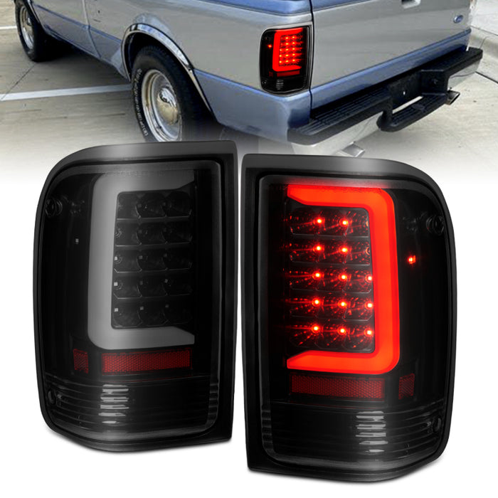 ANZO 1993-1997 Ford Ranger LED Tail Lights w/ Light Bar Black Housing Smoked LensANZO