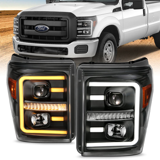 ANZO 2011-2016 Ford F250 Projector Headlights w/ Plank Style Switchback Black w/ AmberANZO